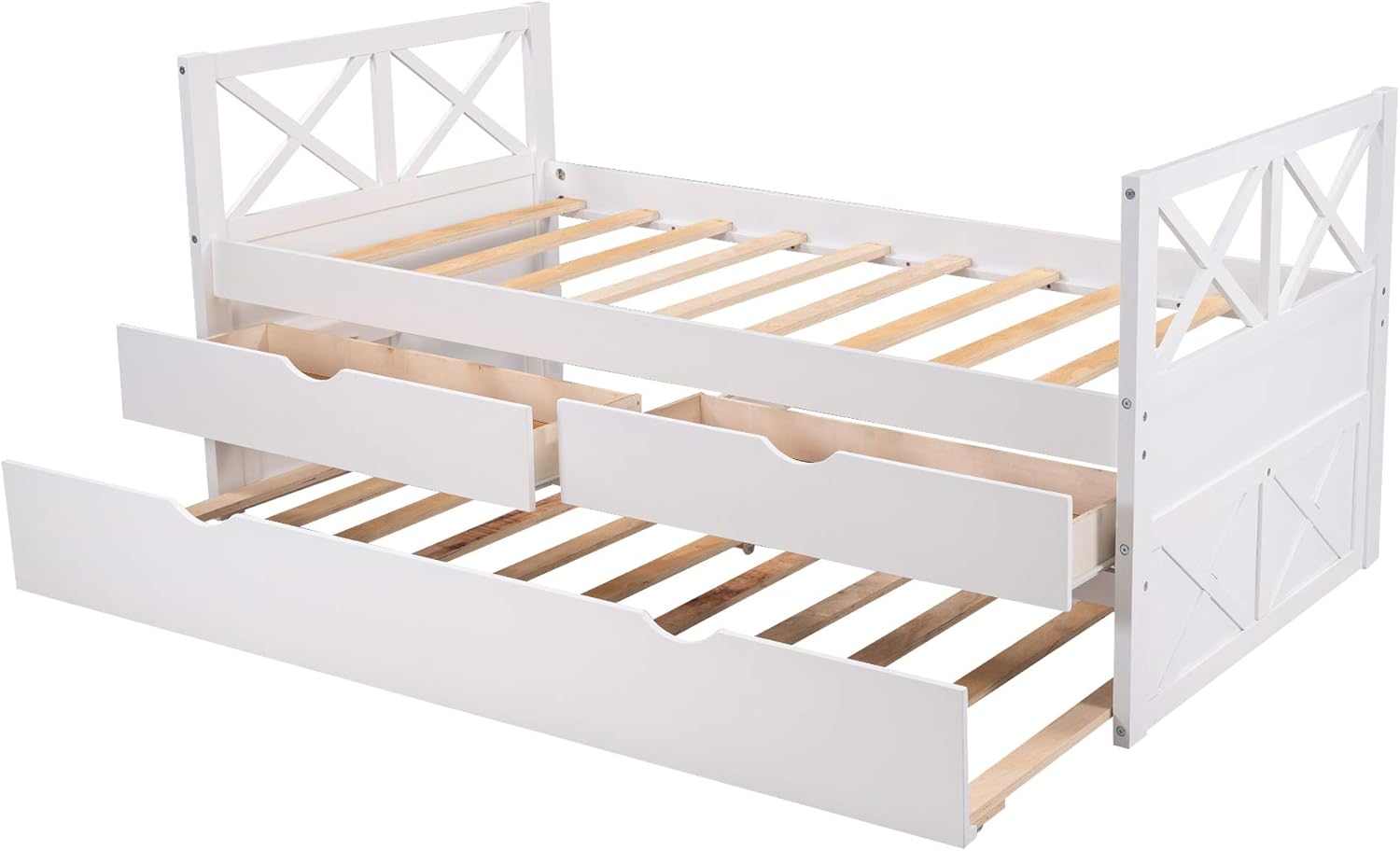 Twin Captain's Bed, Twin Daybed with Trundle and 2 Storage Drawers, Wood Twin Platform Bed Frame with Headboard and Footboard for Kids Teens Adults, No Box Spring Need, Easy Assembly, White