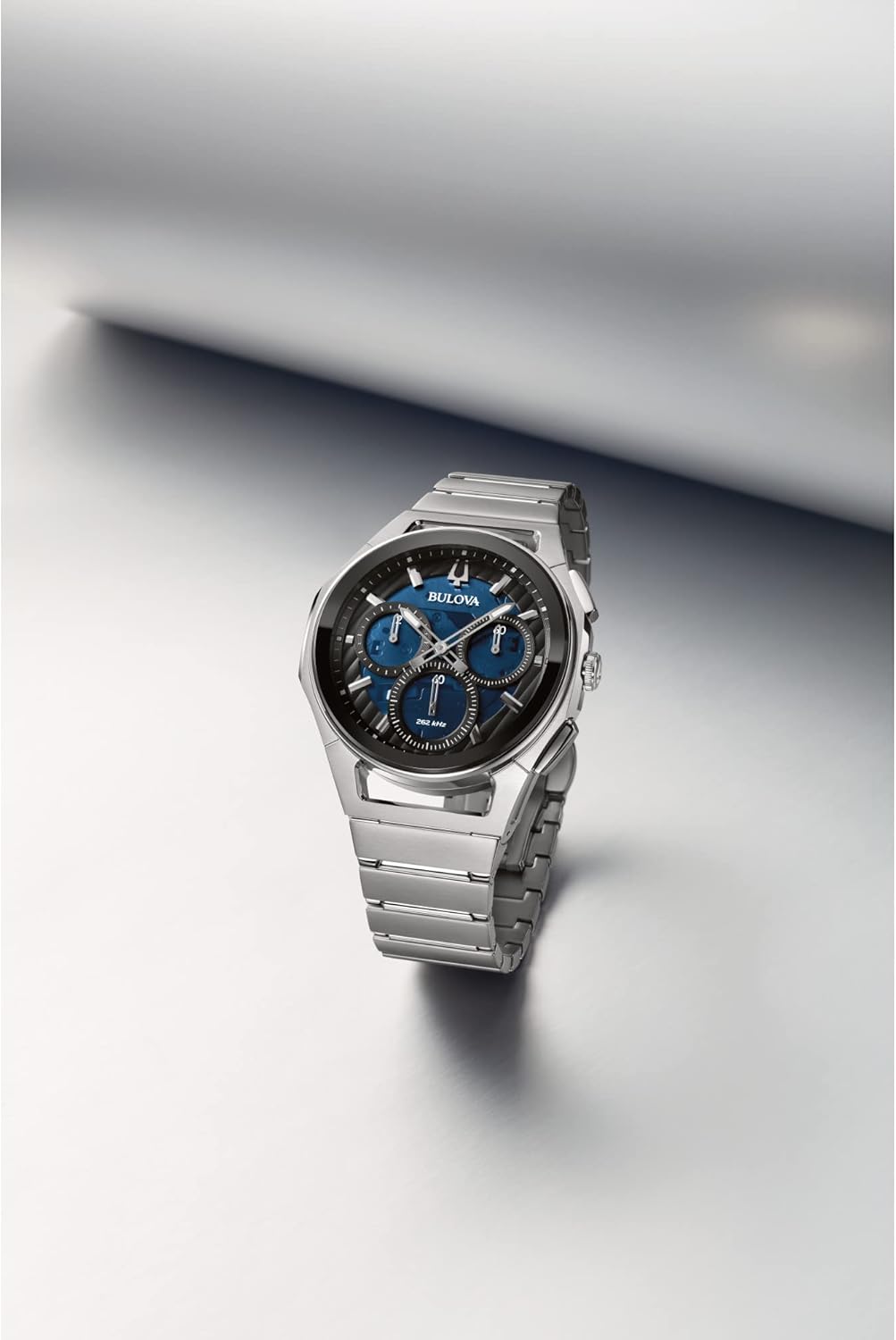 Bulova Men's CURV High Performance Quartz Stainless Steel Watch, 5-Hand Chronograph, Sapphire Crystal, Luminous Hands, Stainless Steel/ Blue Dial