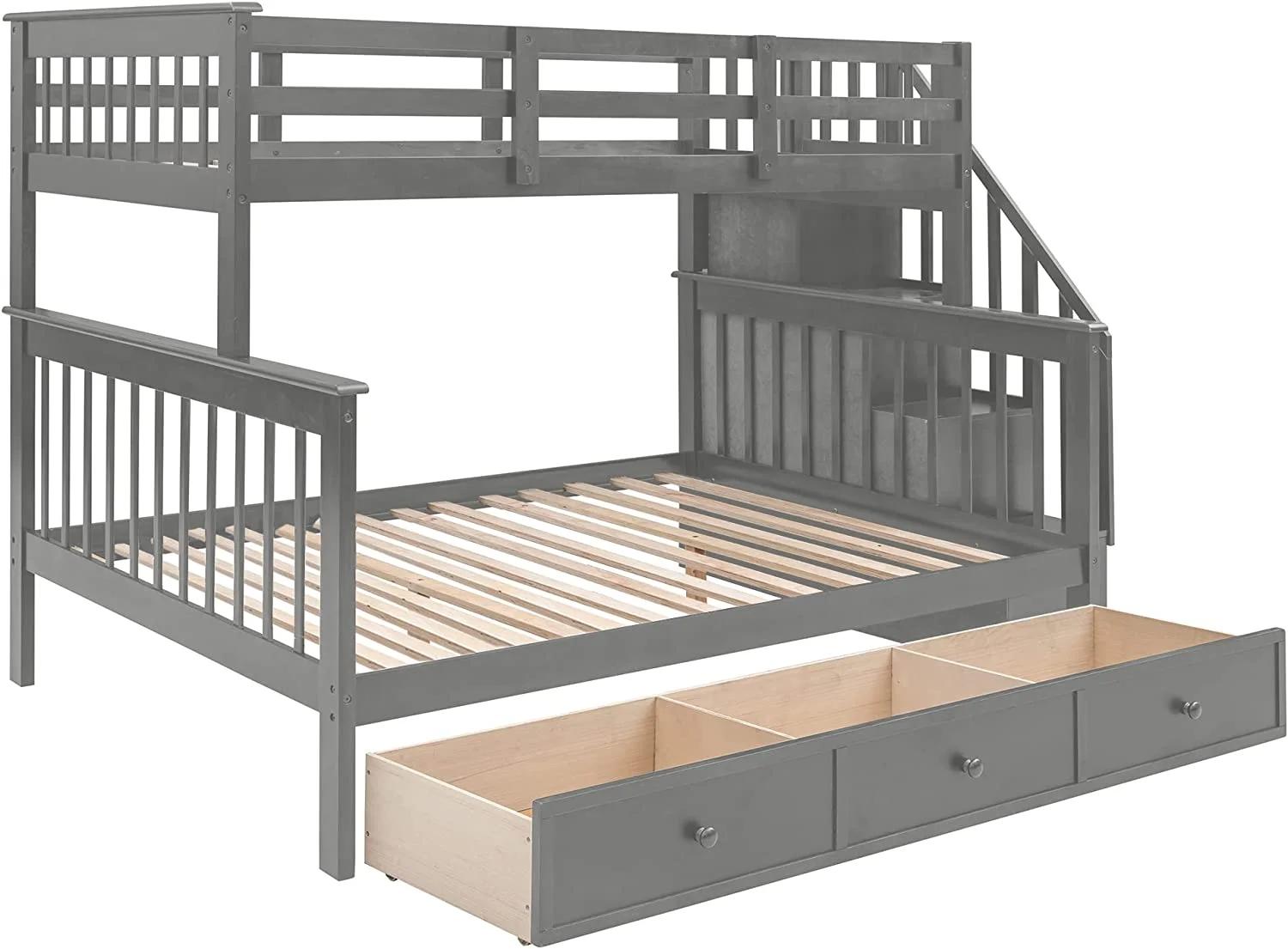 Over Full Bunk Bed With Stairs And Storage Drawers, Hardwood Stairway Bunk Bed Frame For Kids Teens Adults, Bedroom, Dorm - Gray