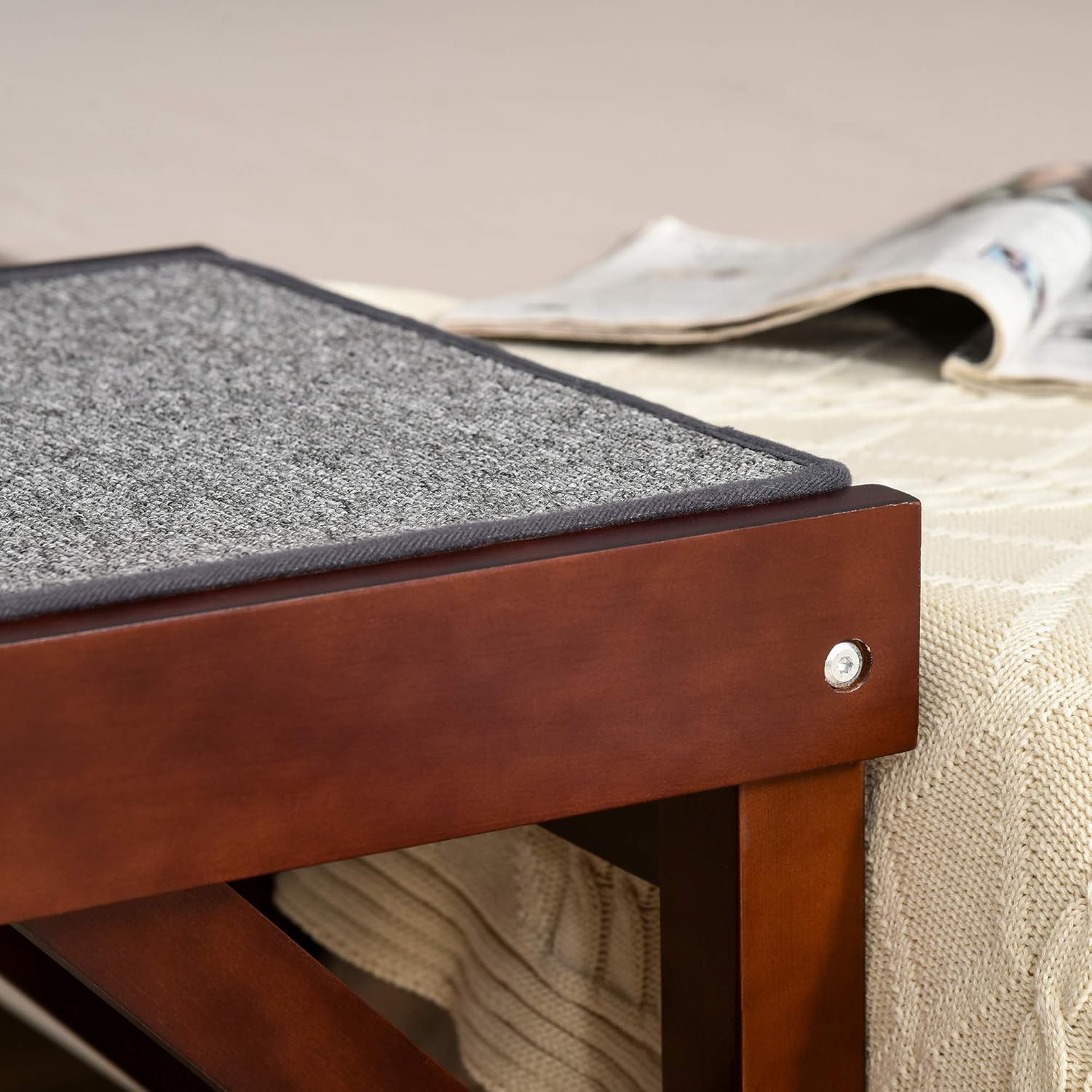 PawHut Pet Ramp for Dogs Non-Slip Carpet Top Platform Pine Wood 74 L x 16 W x 25 H, Brown Grey