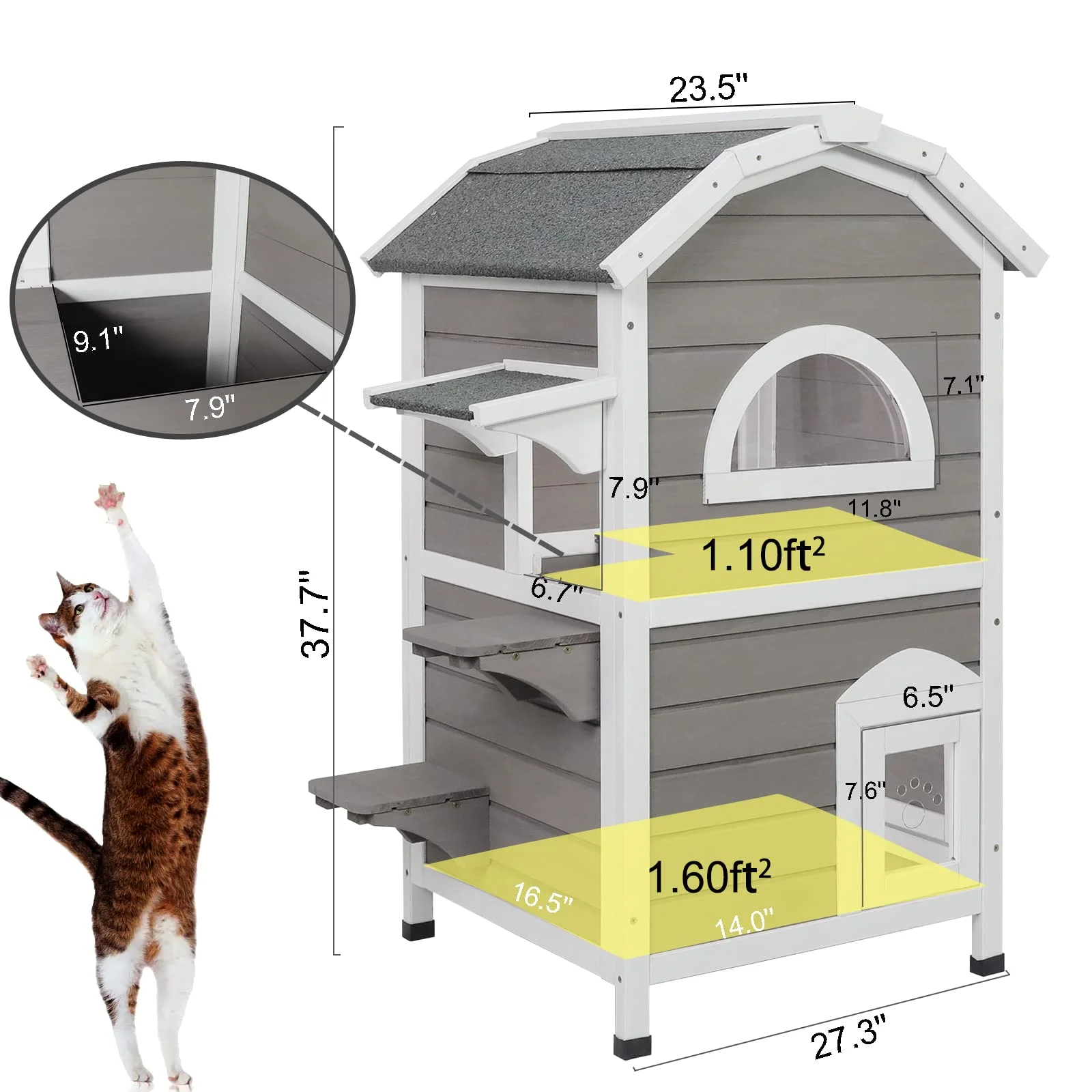 PetsCosset Outdoor Cat House Shelter Weatherproof, Two Story Wooden Outside Cat House Feral Cat House with Escape Door, Removable Floors