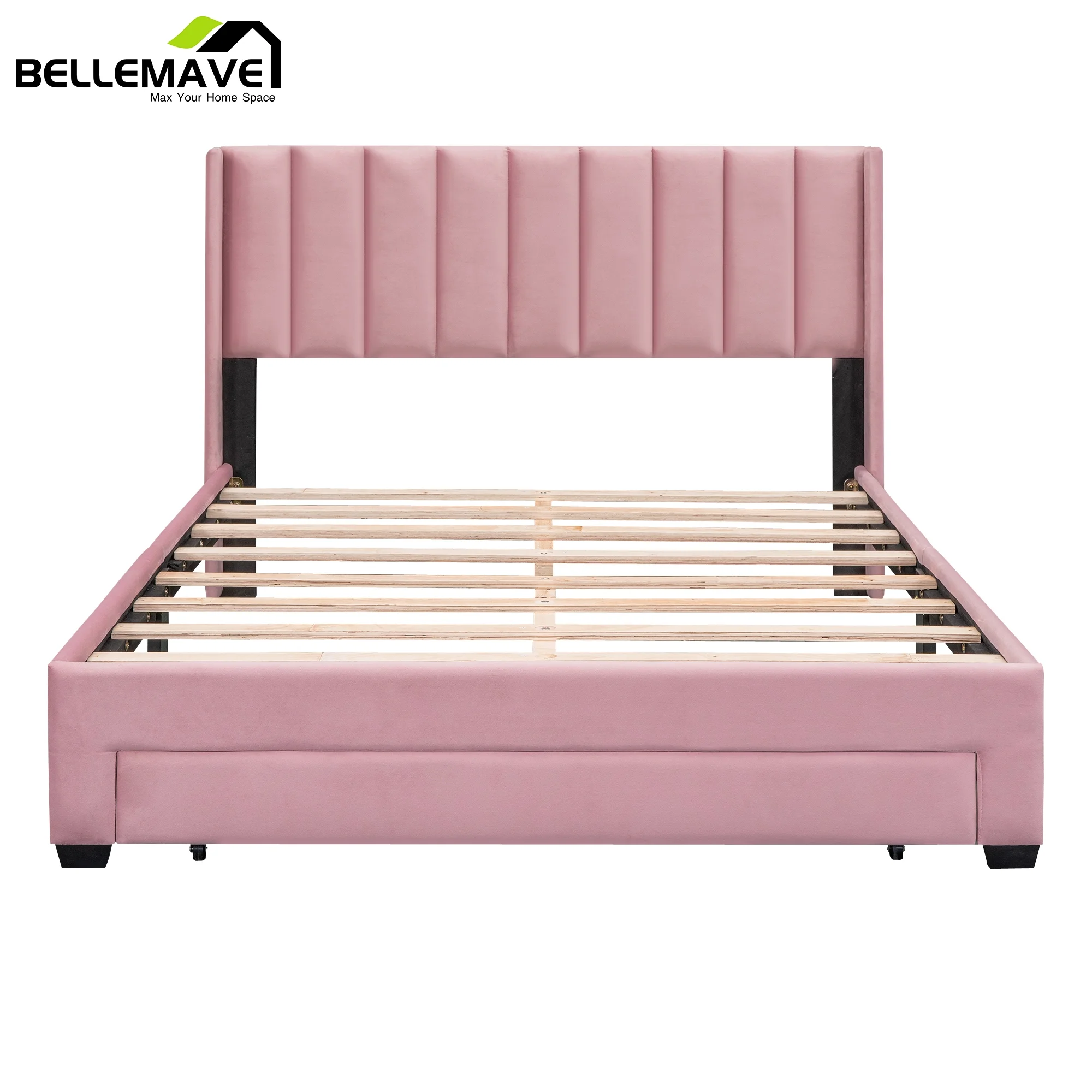 Bellemave Queen Size Pink Velvet Upholstered Wood Platform Bed with a Big Drawer and Soft Headboard