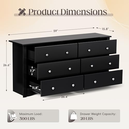 JUMMICO Dresser for Bedroom, 6 Wood Dresser Drawers, Wide Chest of Drawers, Storage Tower Unit, Modern Design for Bedroom, Living Room, Hallway, Entryway (Dark Brown)