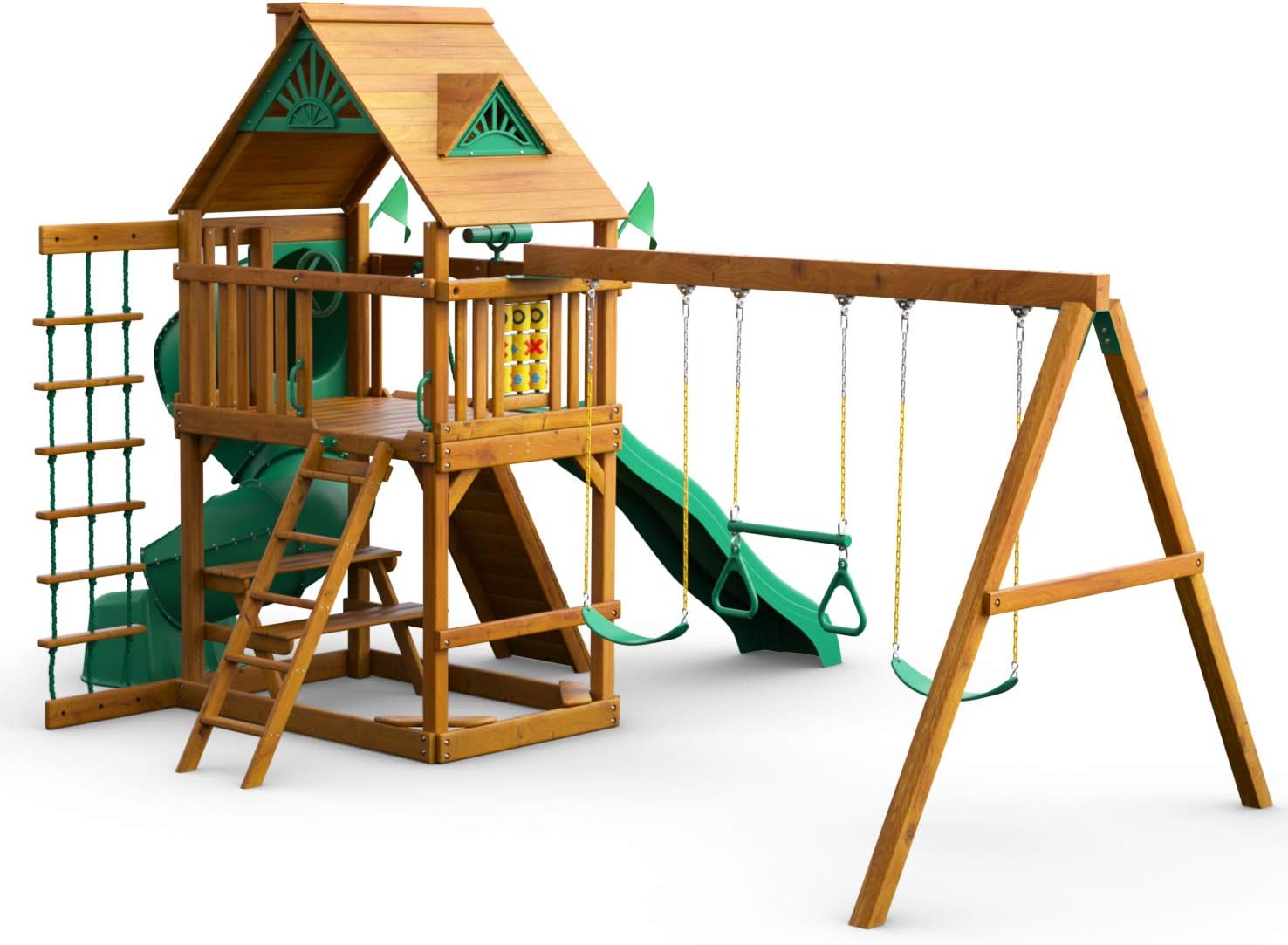 Gorilla Playsets 01-0005-AP Mountaineer Wooden Swing Set with Two Slides & Wood Roof, Brown