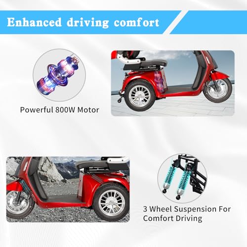 Heavy Duty 3 Wheel Scooter for Adults,All Terrain Mobility Scooter 500lbs Capacity,800W Powered Mobility Scooters Handicap Mobility Scooter for Travel with Full Set Lights (Red-AFD3L)