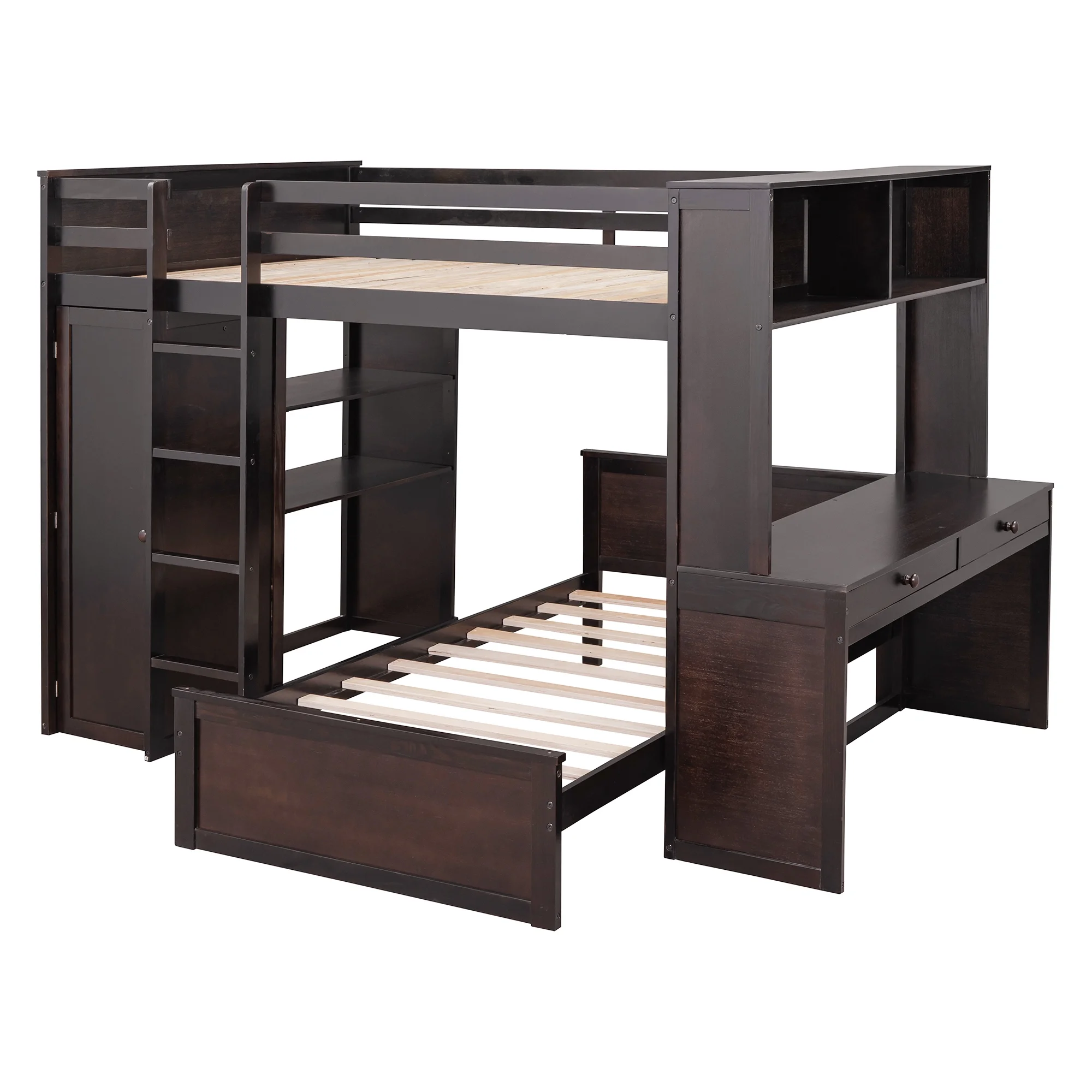 Twin Over Twin Bunk Bed with Storage, Solid Wood Bunk Bed with Shelves, Desk and Wardrobe, Twin Size Loft Bed with a Stand-Alone Bed for Kids Teens Adults (Espresso)