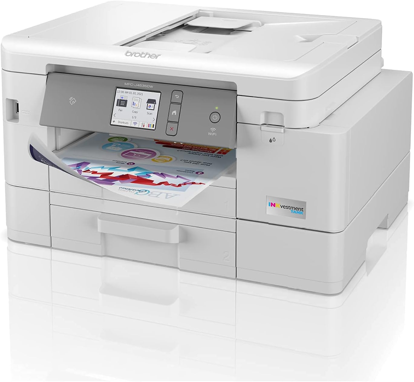 Brother MFC-J4535DW INKvestment Tank All-in-One Color Inkjet Printer with NFC, Auto 2-Sided Printing, Print Scan Copy Fax, Built-in wireless, 4800 x 1200 dpi, White - Bundle with JAWFOAL Printer Cable
