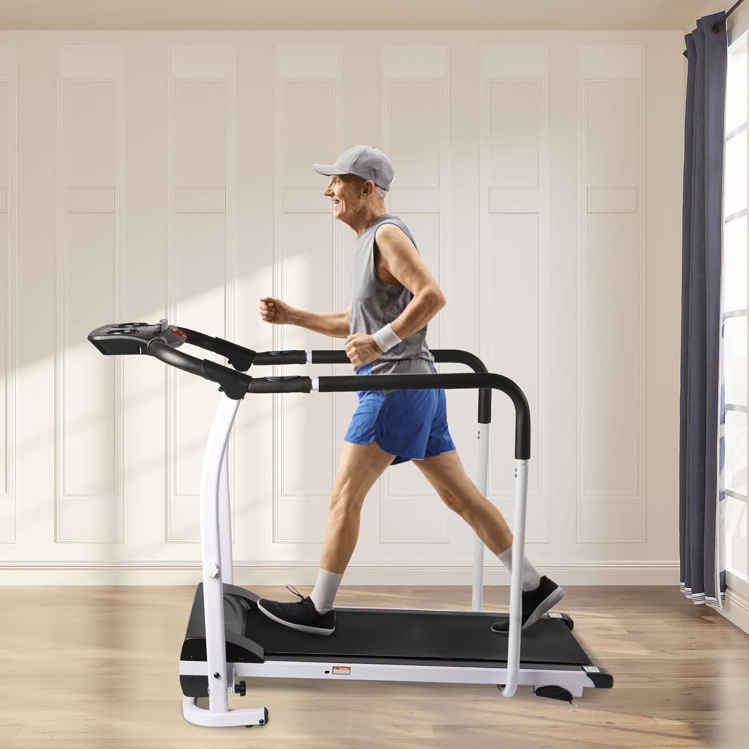 Treadmills for Seniors Recovery Fitness Exercise Machine LCD Blue Backlit Screen Walking Treadmill with Full Length Handrails &Heart Rate Sensor home treadmill walking for Home Gym Office