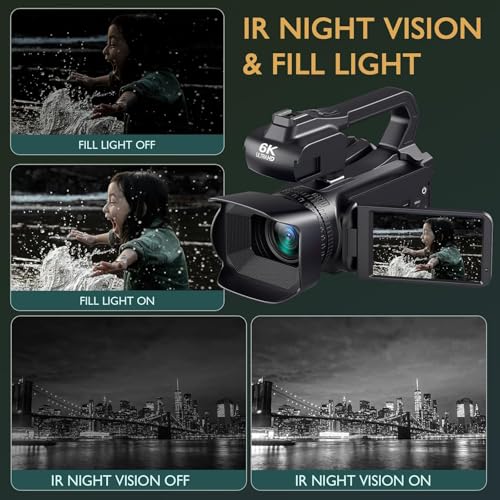6K Camcorder Video Camera 64MP IR Night Vision Vlogging Camera for YouTube 18X Digital Zoom 4.0 Inch Touch Screen Video Camera with WiFi, Microphone, Remote Control, 64GB SD Card,Stabilizer