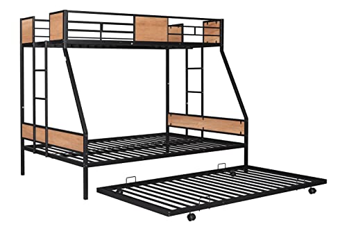 Twin Over Full Bunk with Trundle Metal Bunk Bed Frame with Slat and Guardrail, Black