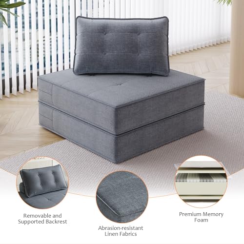 Folding Sofa Bed with Back Support, Large Convertible Sleeper Chair Floor Couch with Pillow, Foldable Mattress Portable Chair Bed Floor Sofa Lounge for Living Room Bedroom Apartment (Beige)