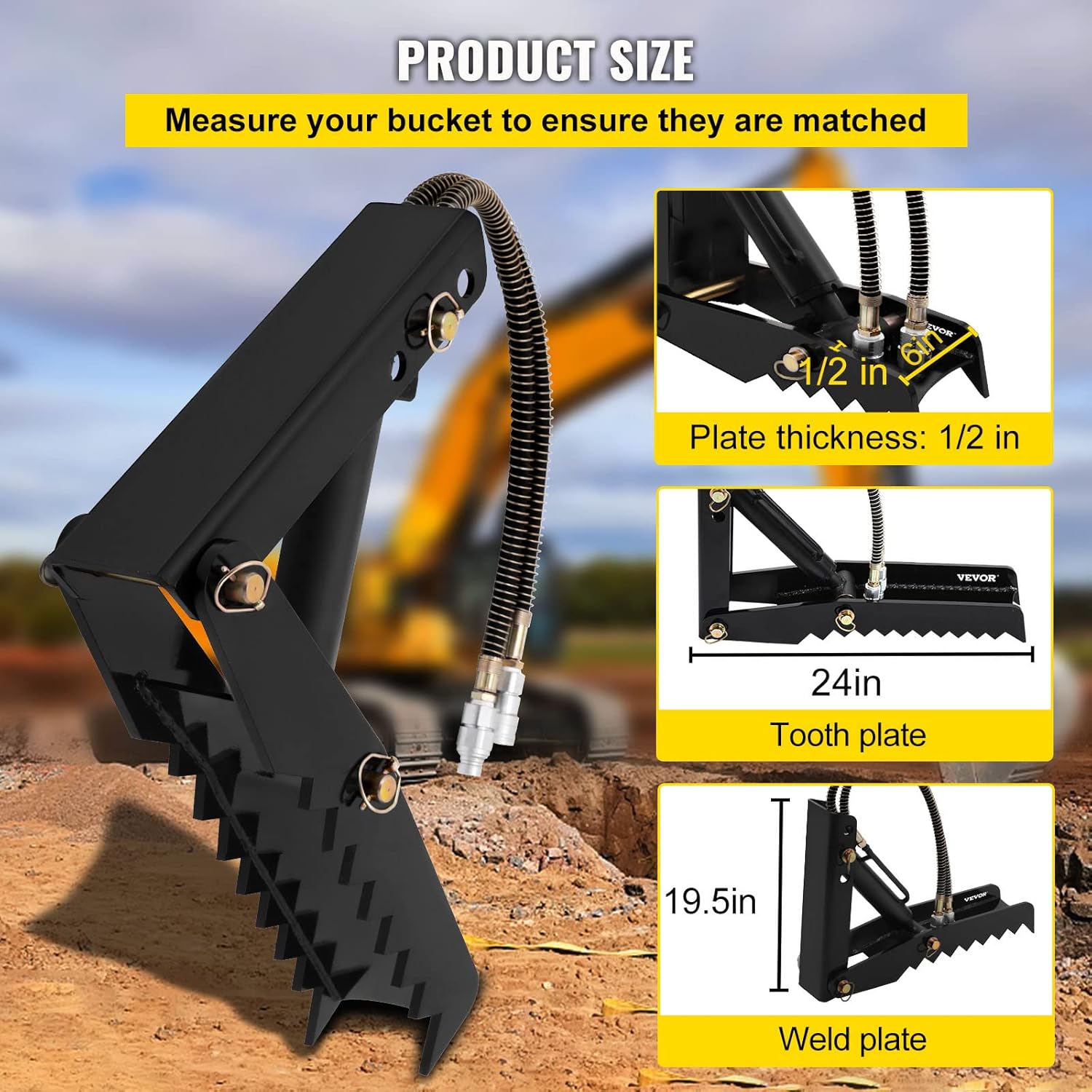 Mophorn 24 inch Hydraulic Backhoe Excavator Thumb Attachments Weld On 1/2in Teeth Thick Steel Plate Assembly 12MM Bolt-On Design with Hydraulic Cylinder