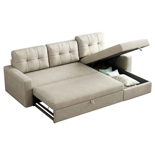 81.5'' L-Shape Sleeper Sectional Sofa with Storage Chaise and Pull-Out Bed, Living Room Convertible Couch Bed,W/ 3 Back Cushions & Breathable fabric,for Apartment,Office,(Beige)