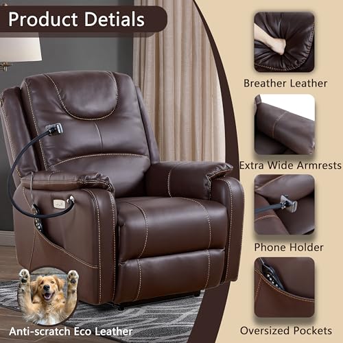Power Zero Gravity Chair: Electric Recliner with Heat and Massage, Phone Holder for Living Room, Side Pockets, OKIN Motor, USB Port - Scratch Resistant Eco Leather Reddish Brown