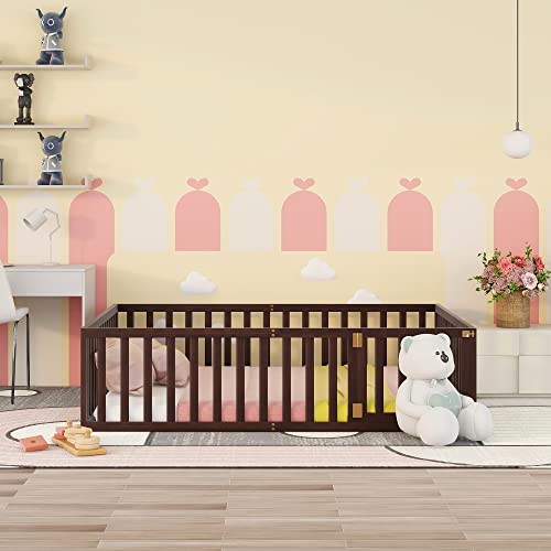 Twin Size Floor Bed Frame with Safety Fence and Door, Solid Wood Toddler Floor Bed with Fence, Twin Montessori Floor Bed Frame for Kids Girls Boys, Natural