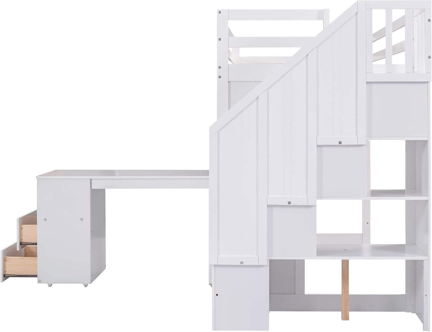 Harper & Bright Designs Twin Size Loft Bed with Stairs and Desk, Solid Wood Loft Bed with Storage Shelves and Blackboard, for Bedroom Dorm Boys Girls Adults (Twin, White)