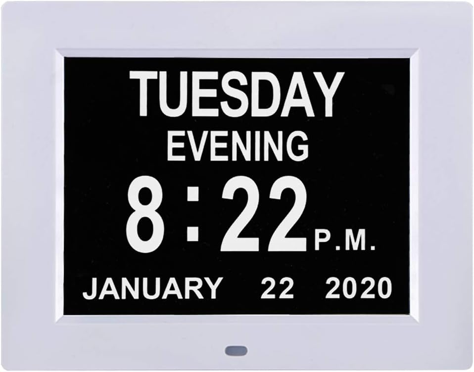 LaMi 8 Inch Digital Calendar Day Date Clock - 12 Alarm Options,Extra Large Non-Abbreviated Day&Month Memory Loss Clock for Seniors,Dementia,Impaired Vision (Black)