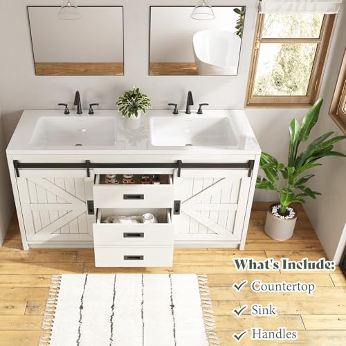 60" Farmhouse Sliding Barn Door Bathroom Double Vanity with Sink Combo, Bathroom Vanity Cabinet with Drawers & Metal Handles, Freestanding, Gray