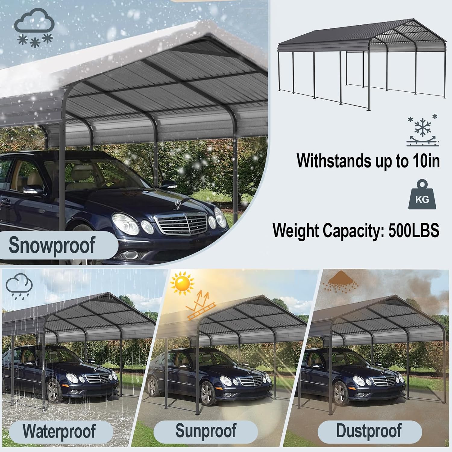 Carport 10 x 20 ft Heavy Duty Metal Carport Canopy with Galvanized Steel Roof Frame, Outdoor Garage Car Shelter Shade, Car Tent Outdoor Storage Shed for Car, Boats and Truck, Gray