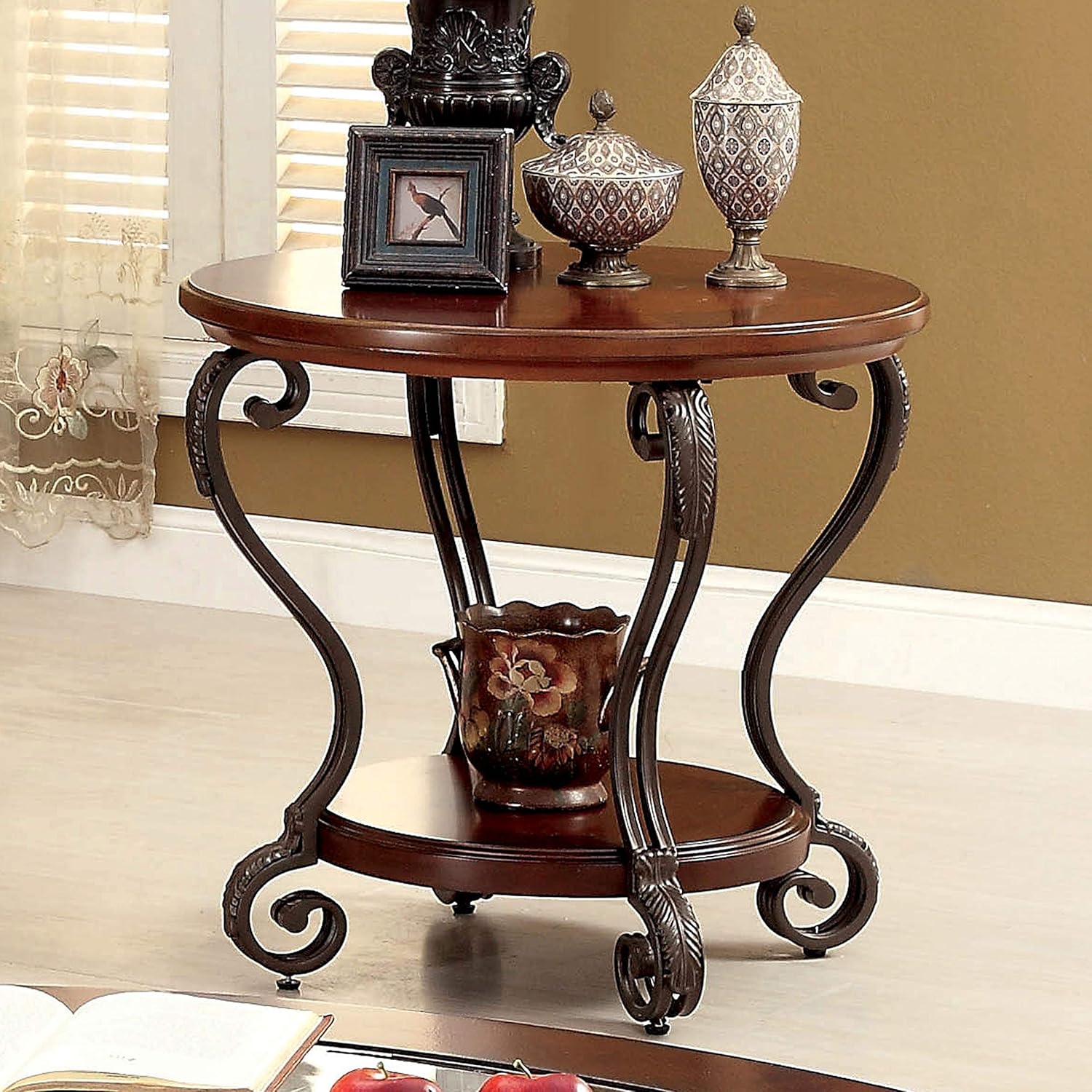 Elegant Round Top End Table Brown Traditional Transitional Oval Metal Wood Cherry Finish Includes Hardware Shelf