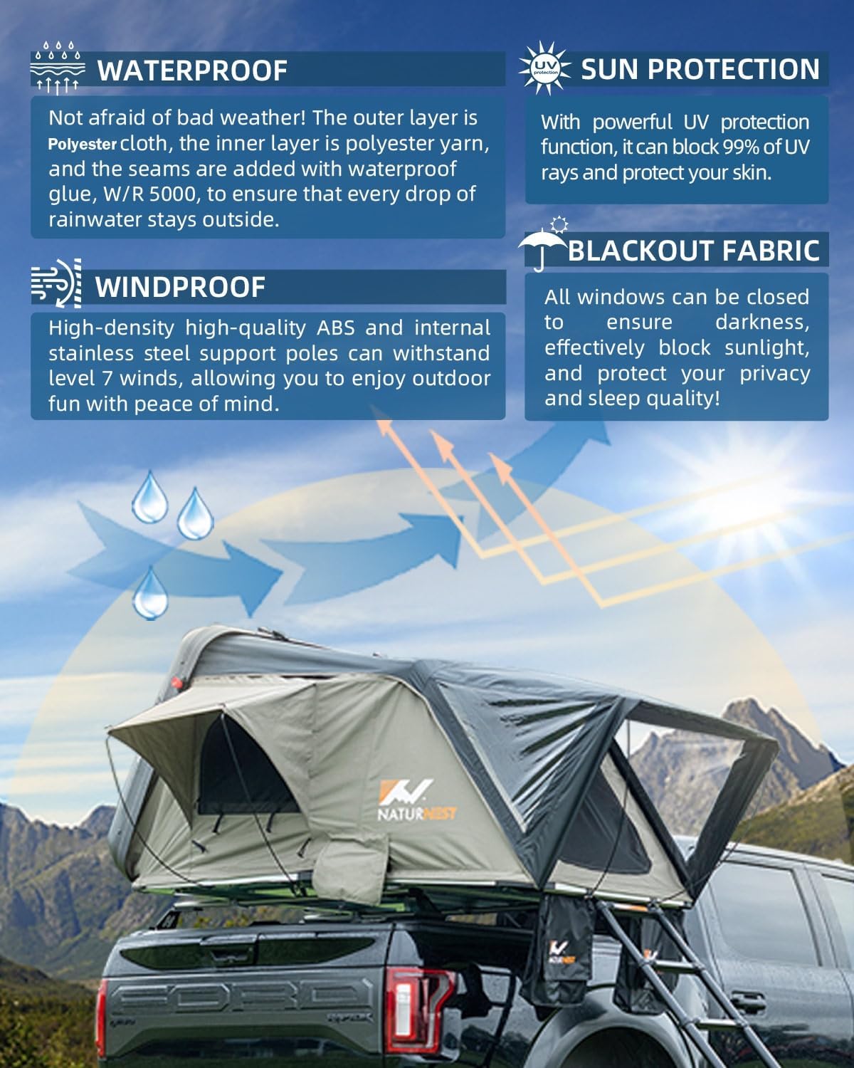 Naturnest Rooftop Tent Hard Shell with 2 Chair, BAMACAR Rooftop Tent for Jeep SUV Pickup Truck Van Overland Tent, Hardshell Rooftop Tent Nature Nest Roof Top Tent Car Camping Clamshell Roof Rack Tent