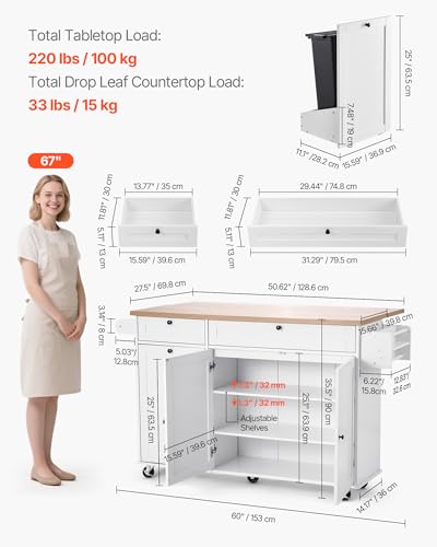VEVOR Kitchen Island Cart with Solid Wood Top, 35.4" Width Mobile Carts with Storage Cabinet, Rolling Kitchen Table with Spice Rack, Towel Rack, and Drawer, Portable Islands on Wheels, White