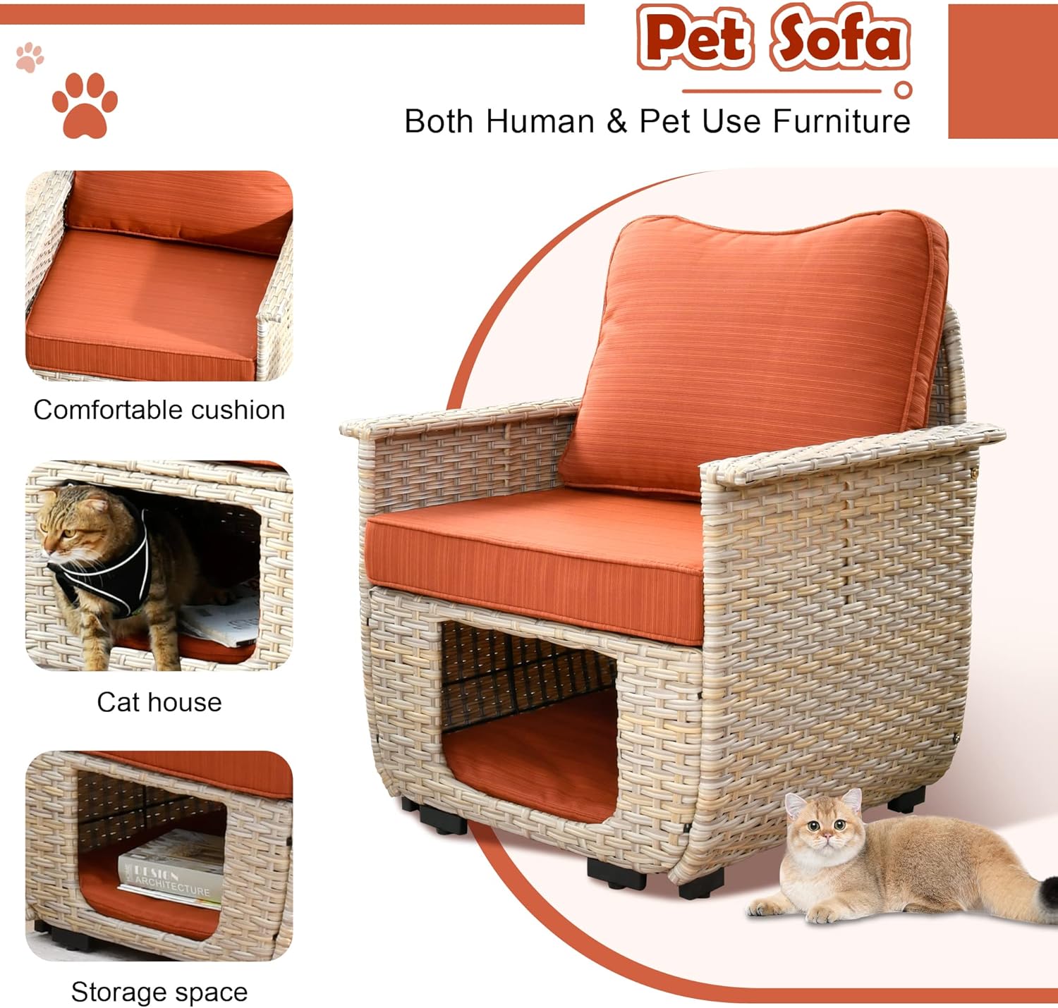 ovios Patio Chair Set Outdoor Furniture Conversation Sets with Pet House Wicker Rattan Sofa Patio Bistro Set High Back Chairs for Porch Deck Backyard (Beige Wicker-Orange Red)