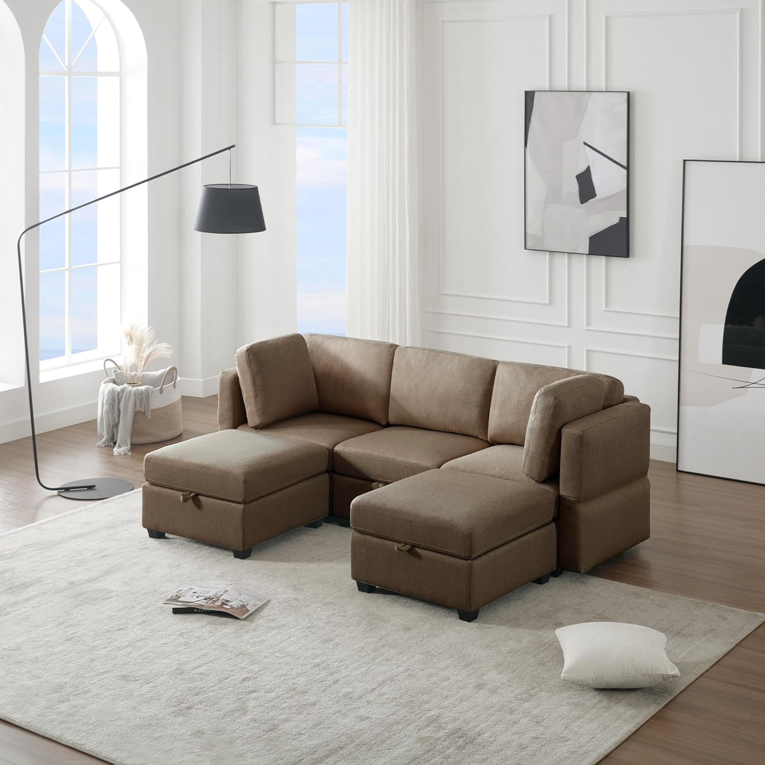 Reversible Sectional Sofa Modern Modular Sectional Couch with Chaise U Shaped Corner Sectional 5 Seater Modular Sofa with Storage Seats, Adjustable Arms and Backs - Brown
