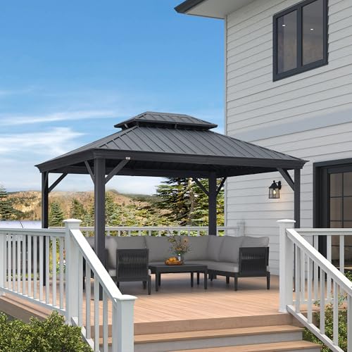 PURPLE LEAF 10' X 14' Permanent Hardtop Gazebo Aluminum Gazebo with Galvanized Steel Double Roof for Patio Lawn and Garden, Curtains and Netting Included, Grey