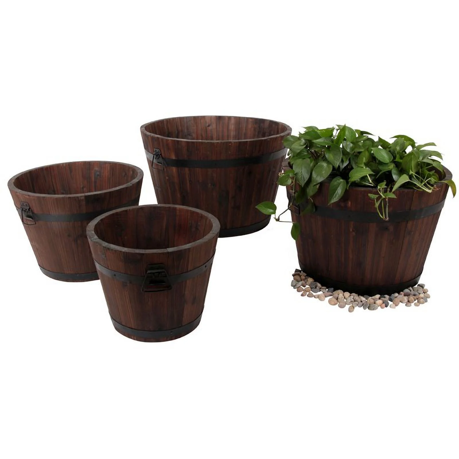Leisure Season Large Barrel Style Round Wood Planters in Medium Brown (Set of 4)
