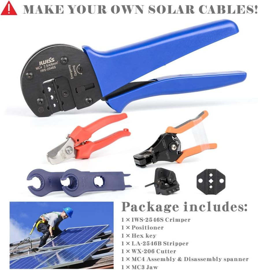 IWISS Solar Crimping Tool Kit with Wire Cable Cutter, Stripper, Crimper and Connectors Assembly and Disassembly Tool Solar PV Panel Tool Kit