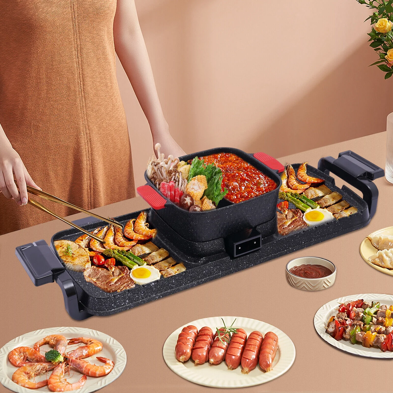 Miumaeov 2 In 1 Grill and Hot Pot Combo Countertop Hot Pot with Grill Cooker with Dual Temperature Control 5 Gear Temperature Adjustable Multi-Functional Korean BBQ Teppanyaki Grill and Hot Pot