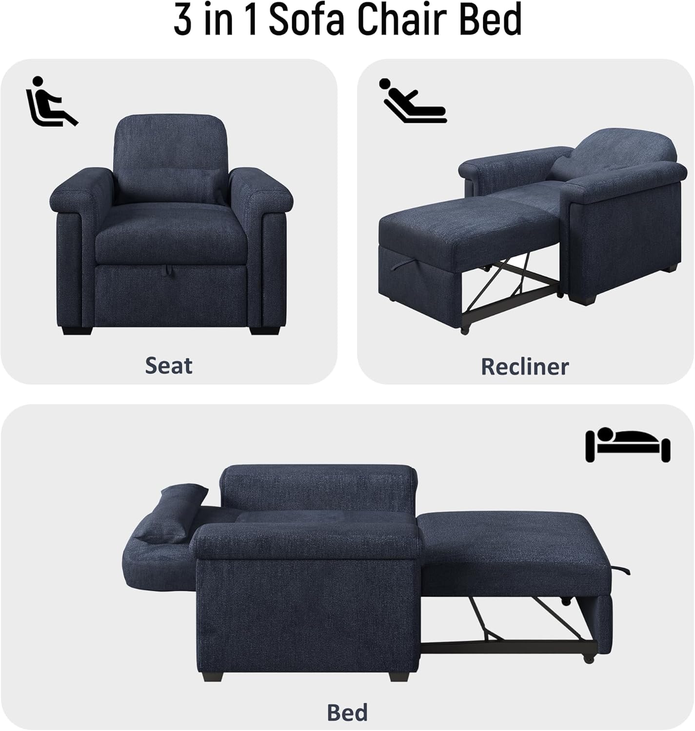 3 in 1 Convertible Sleeper Chair Sofa Bed Pull Out Couch Adjustable Chair with Pillow, Adjust Backrest into a Sofa, Lounger Chair, Single Bed or Living Room or Apartment, Dark Blue