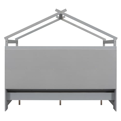 Full Size House Bed with Twin Size Trundle and Storage, Montessori Bed Wood Playhouse Bed Frame,Wooden Kids Bed Frame with Roof Design (White/Full Size House Bed-002)