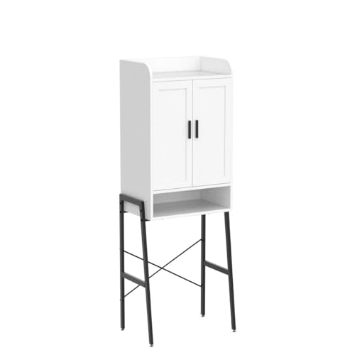 Over The Toilet Storage Cabinet, Wooden Space-Saving Bathroom Organizer Shelf Over Toilet Storage Rack with Double Door and Adjustable Feet