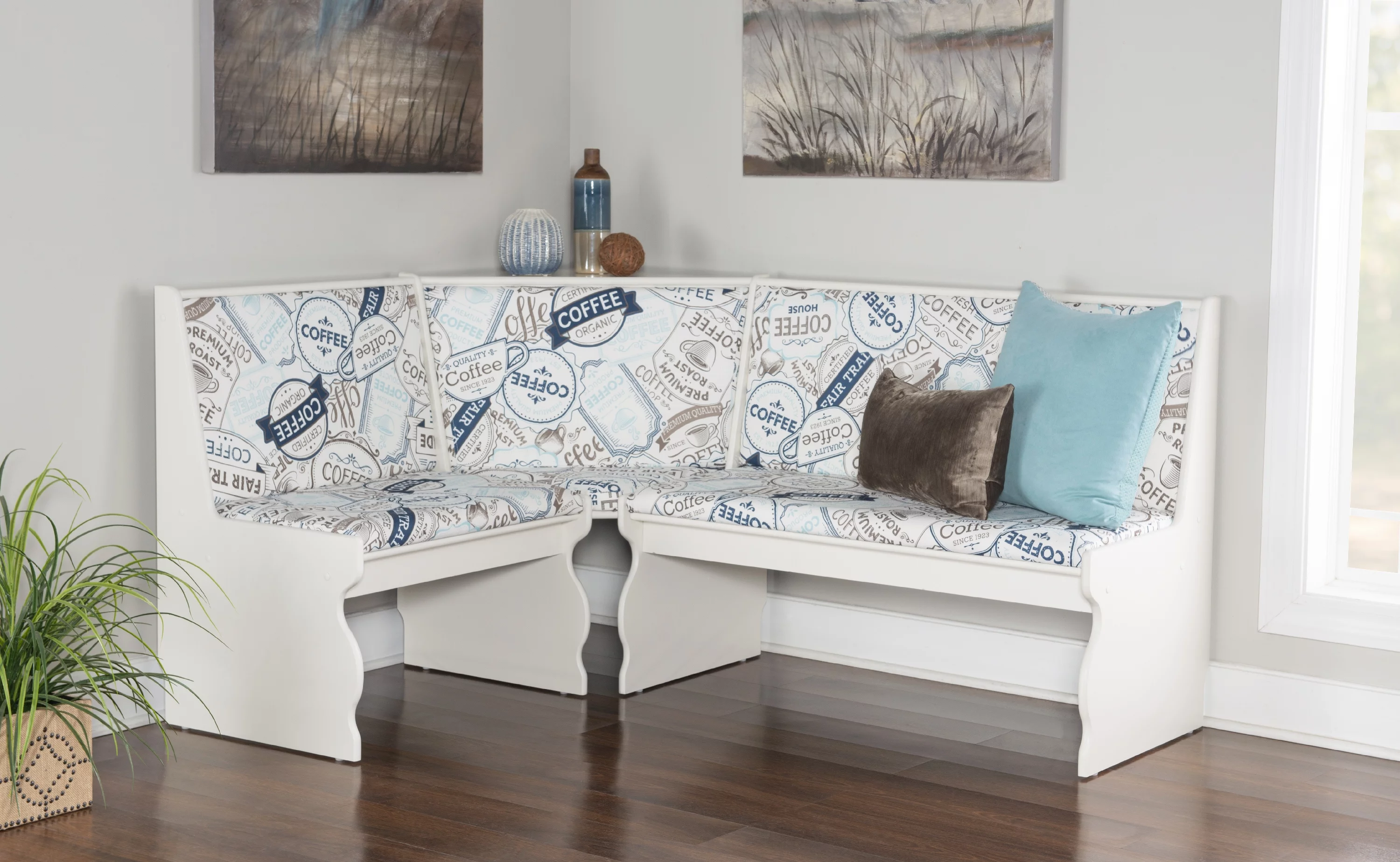 Linon Sasha Casual Dining Breakfast Nook with Corner Unit, Table, and Bench, 29.4" Table Height, Seats 5, White Finish with Coffee Patterned Fabric