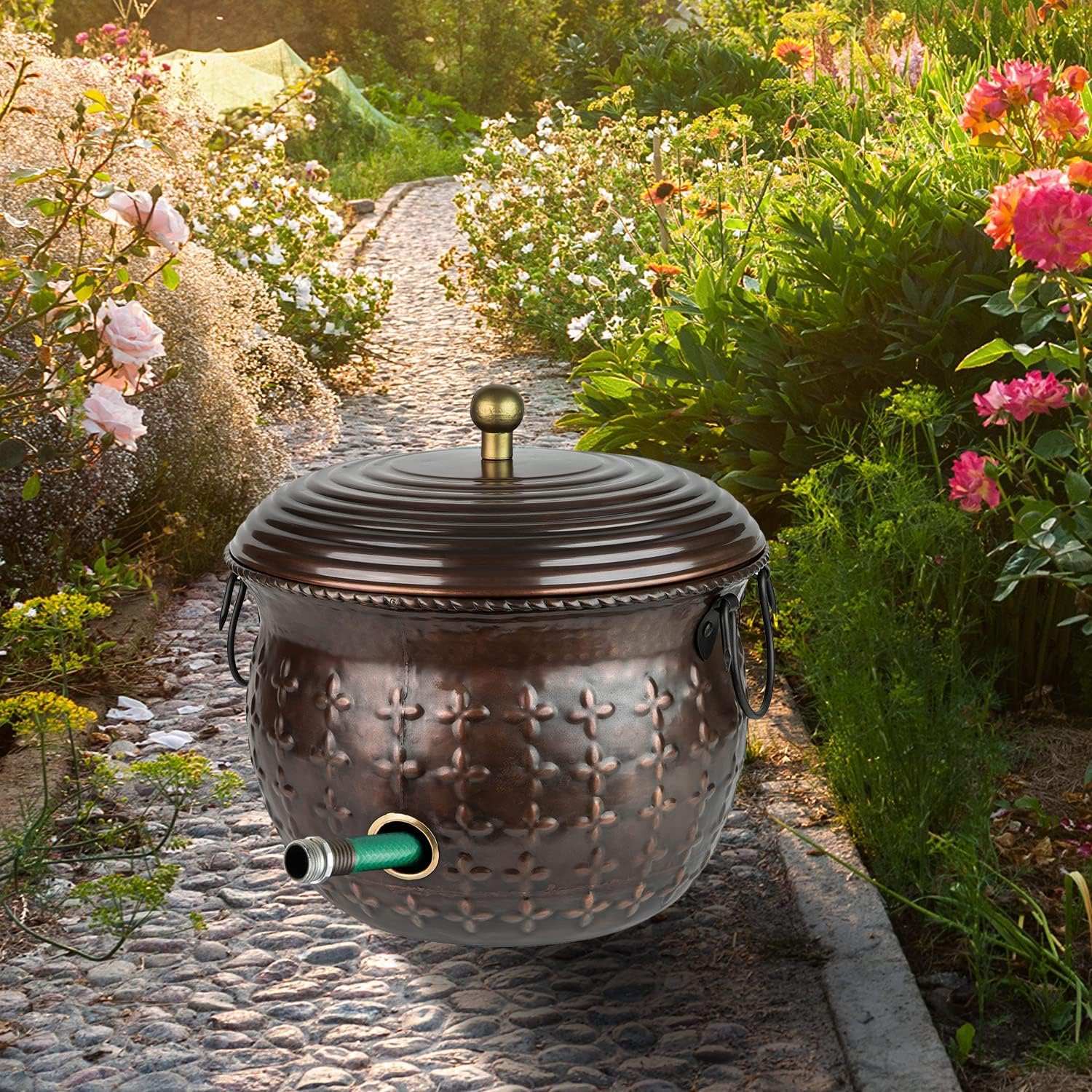 LifeSmart Decorative Garden Hose Storage Holder Pot Copper with Lid Antique Green Finish Lattice Steel | Expandable Water Hose Container 17 x 11.5 inches | Heavy Duty Hose Hider l Holds 125 ft Hose