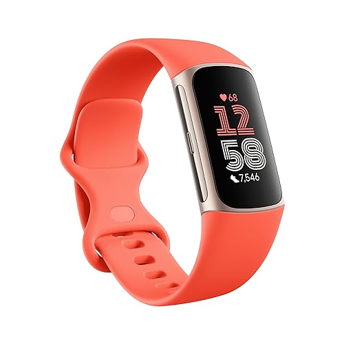 Fitbit Charge 6 Fitness Tracker with Google apps, Heart Rate on Exercise Equipment, 6-Months Premium Membership Included, GPS, Health Tools and More, Gold/Coral, One Size (S & L Bands Included)