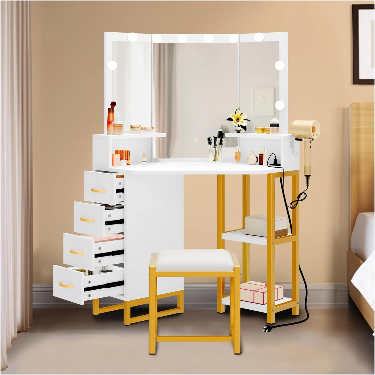 White 41.7 inches Vanity Table Set with 10 LED Lighted Mirror Makeup Dressing Dresser Desk and Stool Power Station 4 Drawers Storage Drawer Shelf Shelves Bedroom Metal Wood Modern New