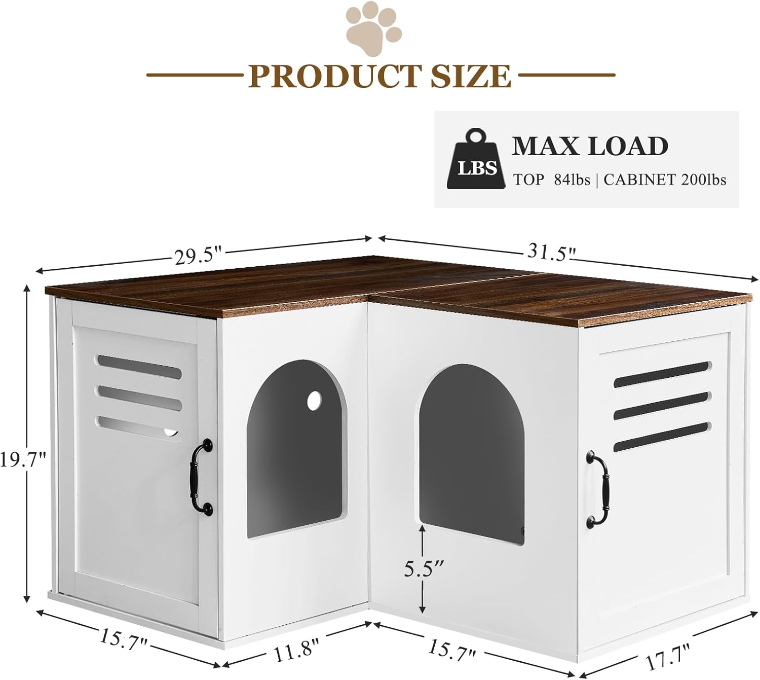 Corner Litter Box Enclosure for 2 Cats, Hidden Litter Box Furniture, Litter Box Cabinet with Double Room, Indoor Cat House End Table, 31.5 x 17.7 x 19.7 in, White
