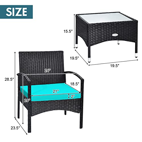 COSTWAY 3 PCS Patio Wicker Conversation Set, PE Rattan Sofa with Tempered Glass Coffee Table, 2 Chairs, 2 Cushions, Outdoor Patio Furniture Set for Yard Porch Bistro Balcony Backyard Pool, Red