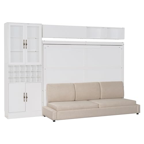 Merax Queen Size Murphy Bed Wall Bed with Sofa, Shelves, USB & Light - Space Saving Foldable Bed for Small Apartments, Grey