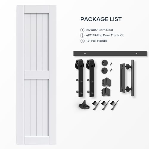 EaseLife 54 x 84 inch White Barn Door with 9FT Sliding Door Hardware Kit Included & Handle,Solid Wood Covered with Waterproof PVC Surface,DIY Assemblely,Easy Install,H-Frame,Fit 50-52in Wide Opening