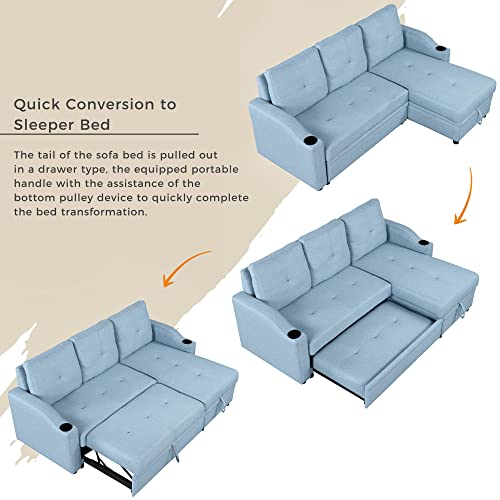 80.3" Pull Out Sofa Bed Modern Padded Upholstered Sofa Bed, Linen Fabric 3 Seater Couch with Storage Chaise and Cup Holder, Small Couch for Small Spaces Primary Living Room Sectionals