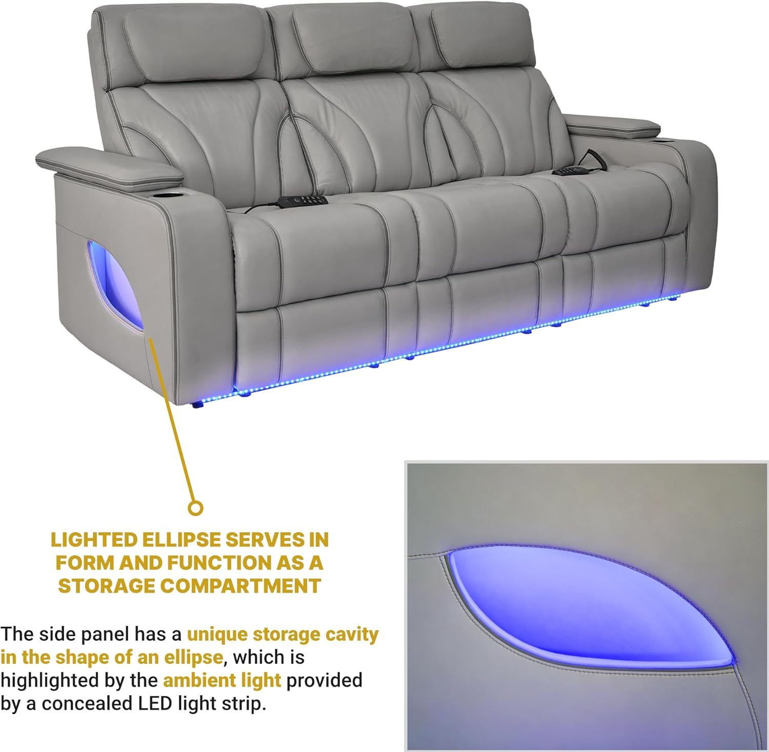 Armen Living Octavia Modern Zero Gravity Power Reclining Heated Massage Sofa, 86" Wide, Silver and Gray Top Grain Leather