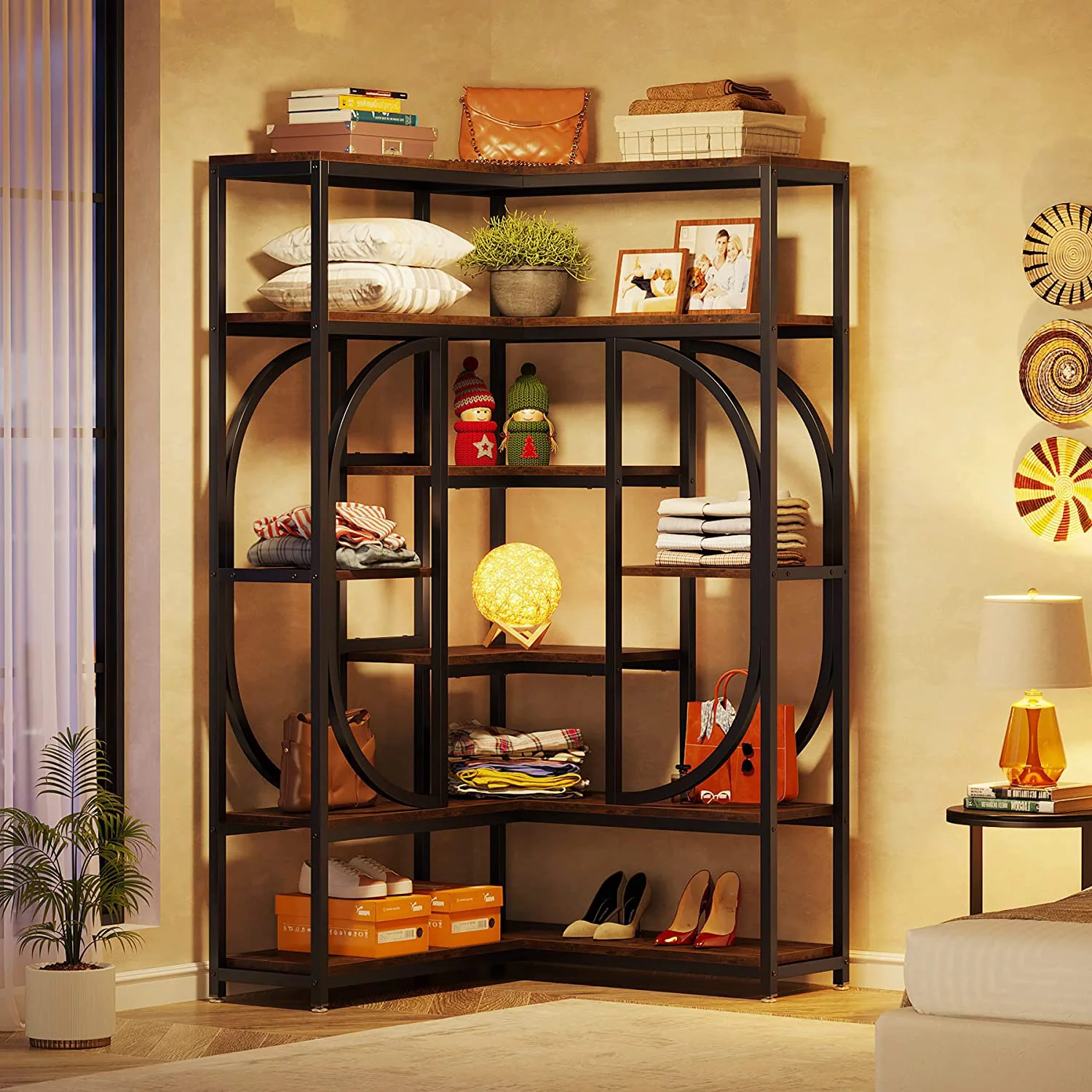 Tribesigns L Shaped Corner Bookshelf, Large 7 Shelf Corner Bookcase Display Rack for Home Office, Rustic Brown & Black