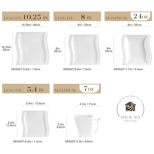 MALACASA Ivory White Dinnerware Sets, 60 Piece Kitchen Plates and Bowls Sets for 12, Porcelain Dish Set with Dinner Plates Set, Cups and Saucers, Square Dishes Dinnerware Set, Series Flora