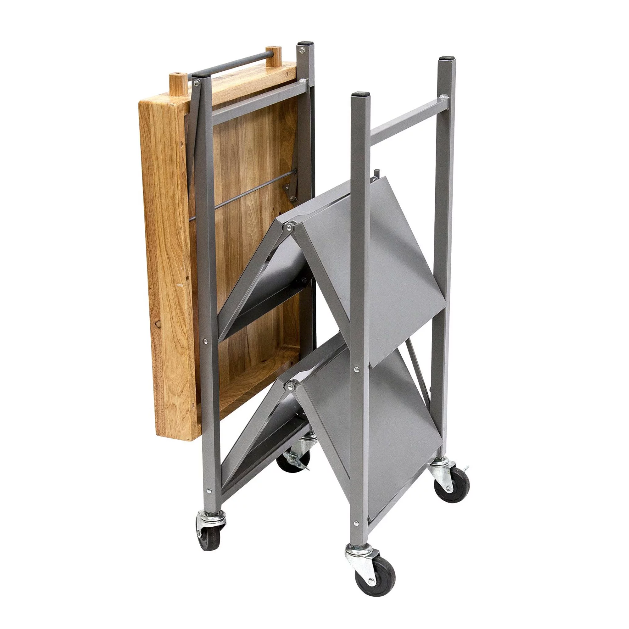 Origami Foldable Wheeled Portable Solid Wood Top Kitchen Island Bar Cart