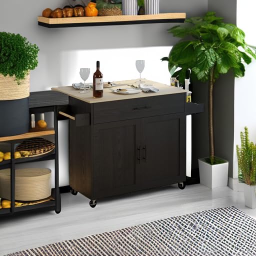 IRONCK Rolling Kitchen Island Table on Wheels with Drop Leaf, Storage Cabinet, Drawer, Spice/Towel Rack, Kitchen Cart, 47.25" Wide Black