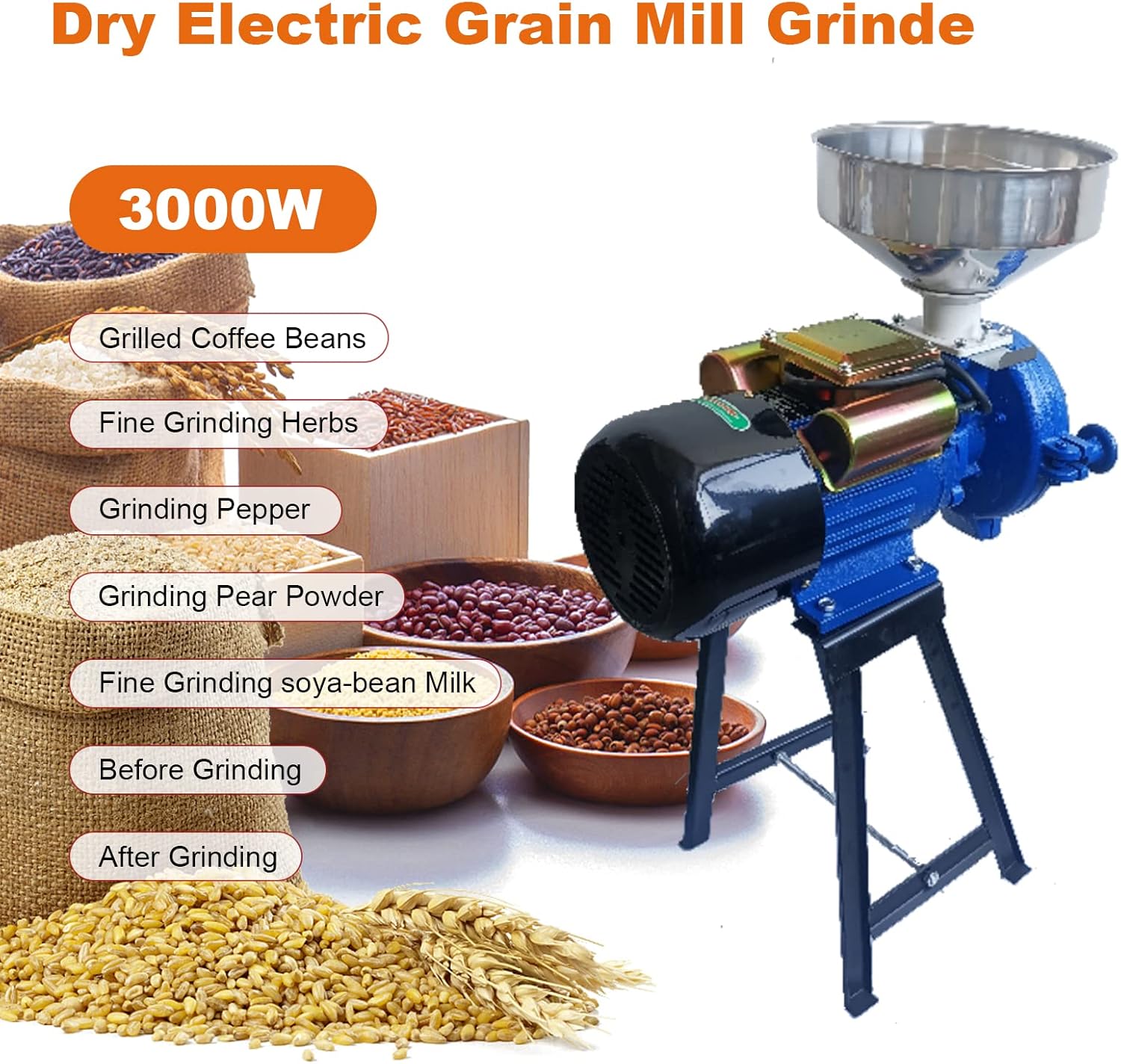 Eachbid Dry Grinder 110V 3000W Electric Grain Mill Corn Grinder, Commercial Feed Wheat Mill Dry Grinder, Heavy Duty Milling Machine Flour Mill Cereals Grinder Rice Corn Grain Coffee Wheat with Funnel